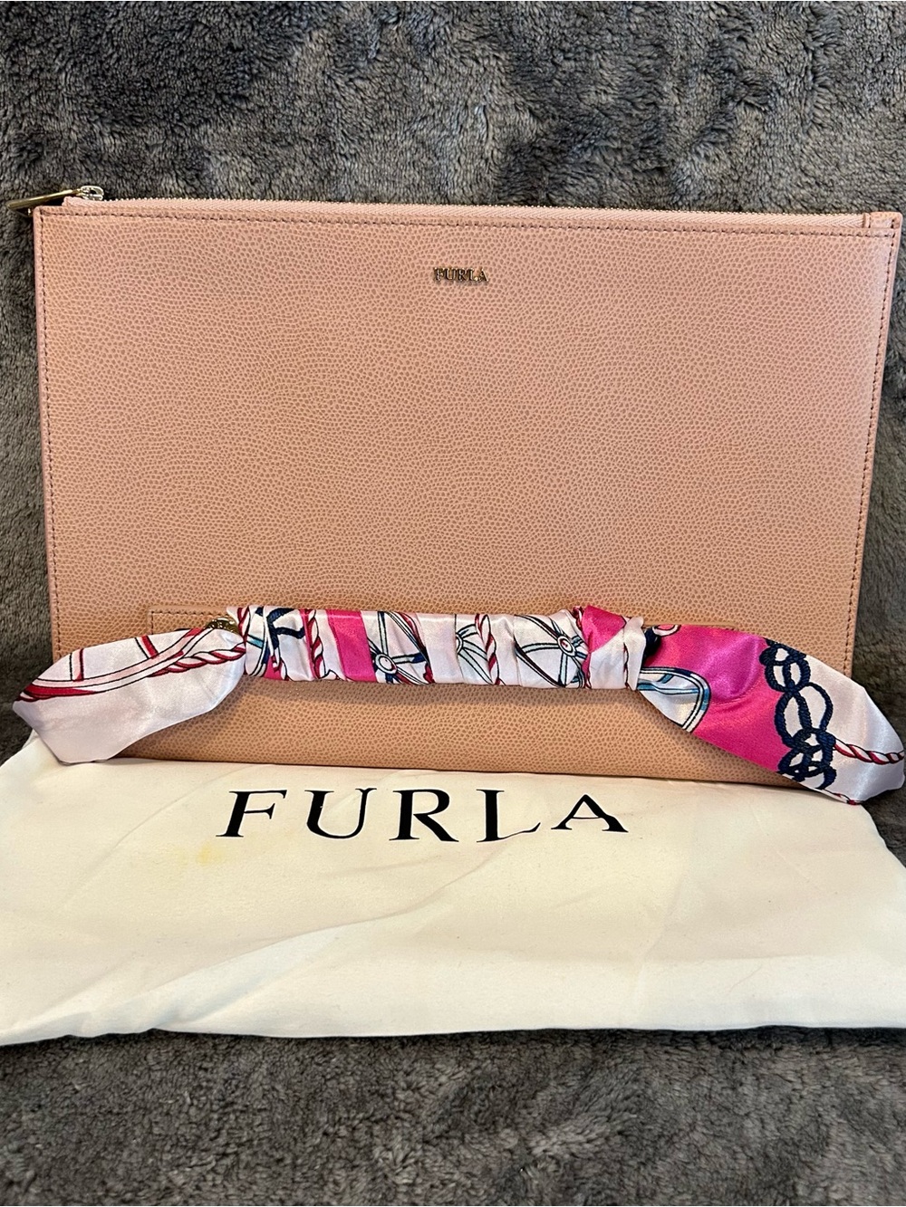 Furla Blush Pink Leather pouch Clutch with Scarf Wrap made in Italy